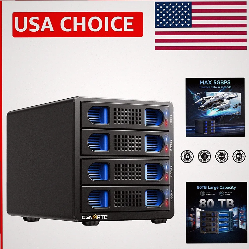 Aluminum 4 Bay USB 3.0 Hard Drive Enclosure - 80TB, Hot Swappable, Cooling Fan