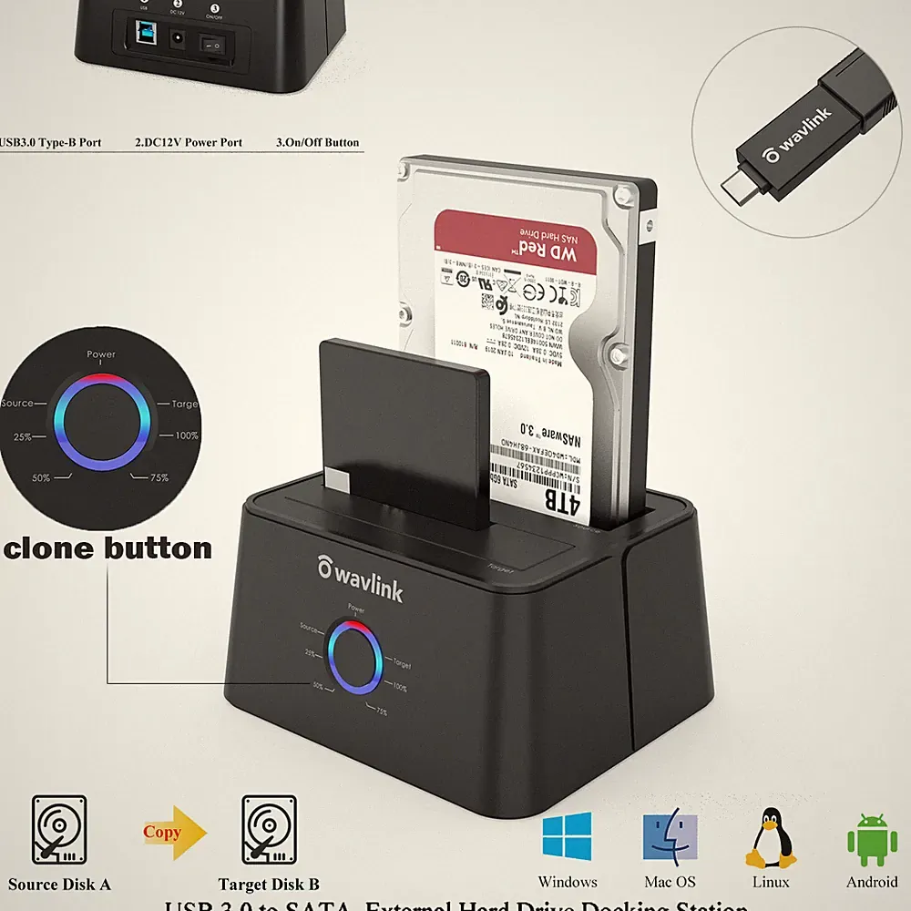 USB 3.0 to SATA Hard Drive Dock Dual Bay &2.5" 3.5"HDD/SDD Docking Station